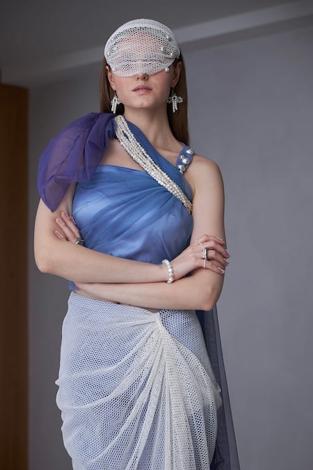 Naina Seth Blue Tulle, Satin, Lace Pearls One Shoulder Draped Top And Skirt Set Online at Aza Fashions Naina Seth_Blue Tulle, Satin, Lace Pearls One Shoulder Draped Top And Skirt Set_Online_at_Aza_Fashions