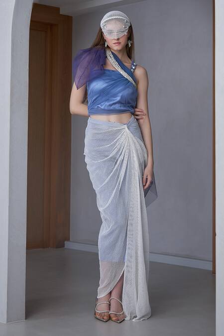Shop Naina Seth Blue Tulle, Satin, Lace Pearls One Shoulder Draped Top And Skirt Set Online at Aza Fashions Shop_Naina Seth_Blue Tulle, Satin, Lace Pearls One Shoulder Draped Top And Skirt Set_Online_at_Aza_Fashions