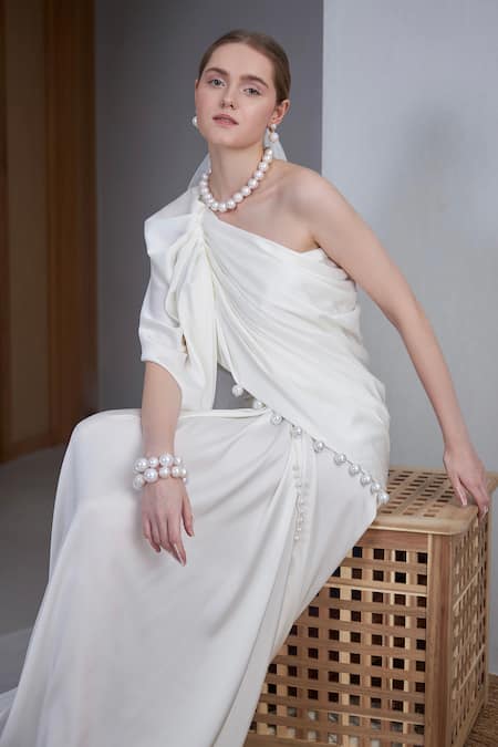 Naina Seth_White Silk, Satin Pearls One Shoulder Embellished Pleated Draped Gown _Online_at_Aza_Fashions
