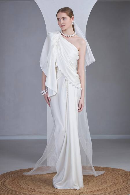 Buy_Naina Seth_White Silk, Satin Pearls One Shoulder Embellished Pleated Draped Gown _Online_at_Aza_Fashions