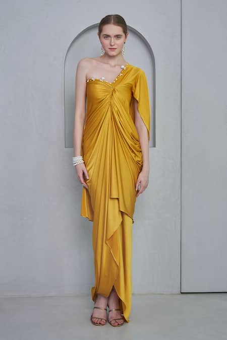 Naina Seth_Yellow Kota Doria Pearls One Shoulder, Asymmetric Embellished Pleated Gown _Online_at_Aza_Fashions