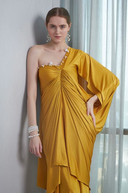 Buy_Naina Seth_Yellow Kota Doria Pearls One Shoulder, Asymmetric Embellished Pleated Gown _Online_at_Aza_Fashions