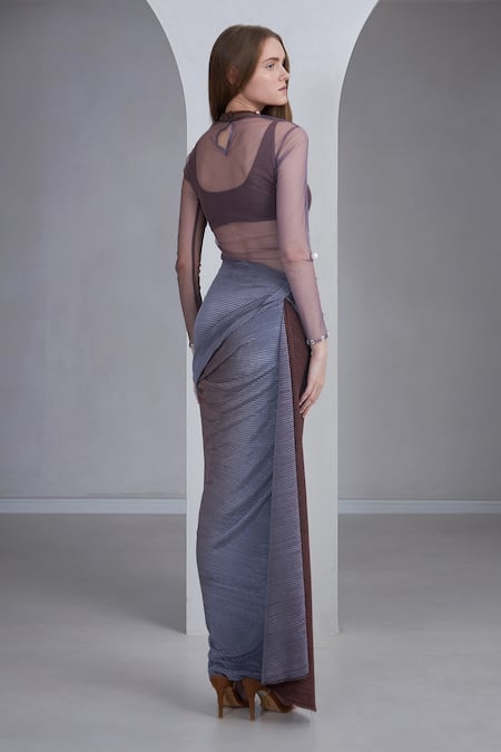 Naina Seth Pearl Embellished Sheer Top & Draped Skirt Set 