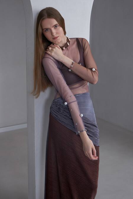 Naina Seth_Purple Self Pleated Stretch Embellished Pearl Top Sheer And Draped Skirt Set _Online_at_Aza_Fashions