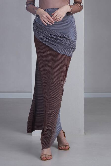 Buy_Naina Seth_Purple Self Pleated Stretch Embellished Pearl Top Sheer And Draped Skirt Set _Online_at_Aza_Fashions