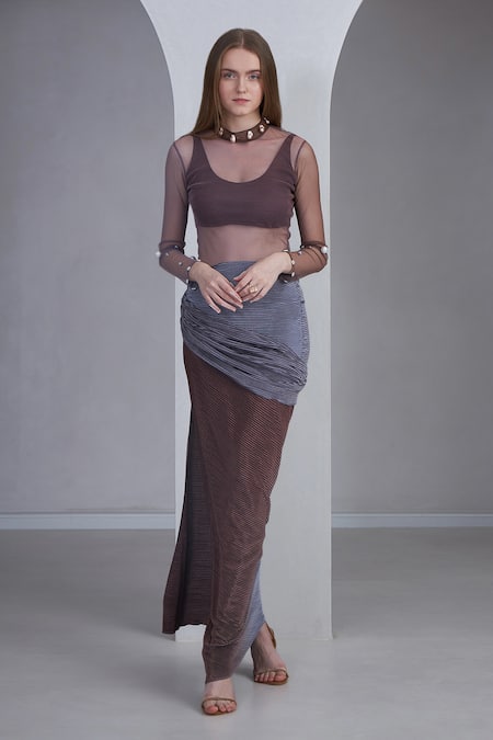 Shop_Naina Seth_Purple Self Pleated Stretch Embellished Pearl Top Sheer And Draped Skirt Set _Online_at_Aza_Fashions