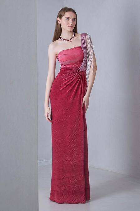 Buy_Naina Seth_Red Self Pleated Stretch Embellished Pearl One Shoulder Textured Draped Gown _Online_at_Aza_Fashions