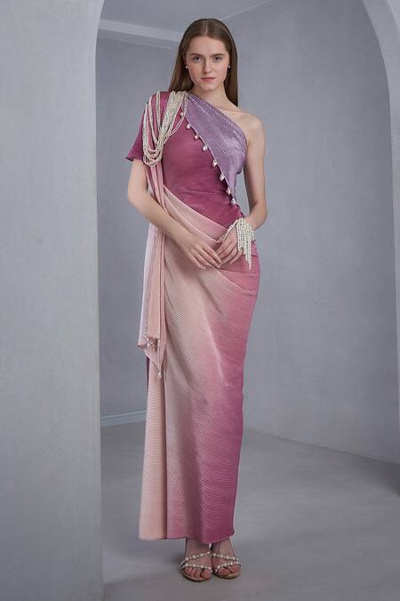 Naina Seth Multi Color Self Pleated Stretch Embellished Pearl One Tassel Ombre Gown Online at Aza Fashions Naina Seth_Multi Color Self Pleated Stretch Embellished Pearl One Tassel Ombre Gown _Online_at_Aza_Fashions