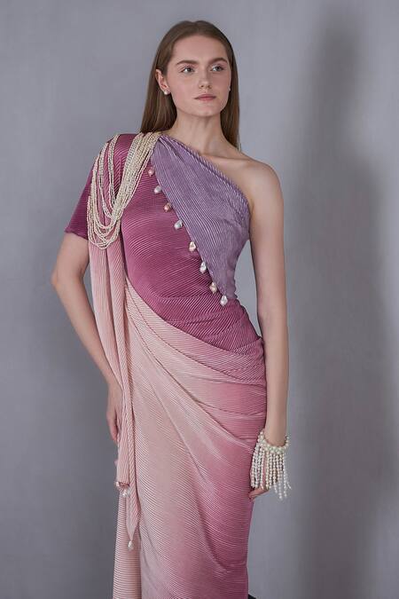 Buy Naina Seth Multi Color Self Pleated Stretch Embellished Pearl One Tassel Ombre Gown Online at Aza Fashions Buy_Naina Seth_Multi Color Self Pleated Stretch Embellished Pearl One Tassel Ombre Gown _Online_at_Aza_Fashions