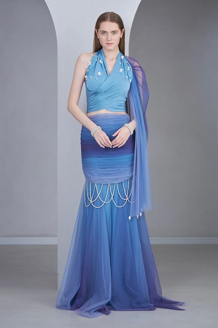 NAINA SETH Blue Satin Silk And Tulle Embellished Pearl Halter Top With Ombre Mermaid Skirt 