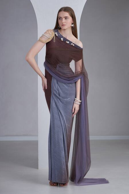 Buy_Naina Seth_Purple Cotton Pearls One Shoulder Draped Textured Gown _Online_at_Aza_Fashions