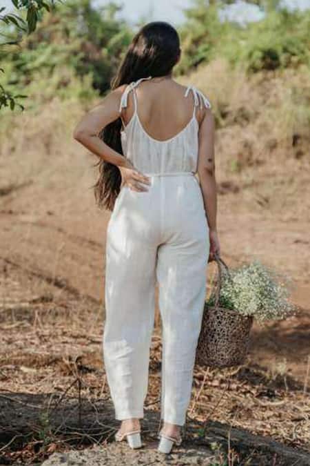 Shop Akashi Clothing White Linen Scoop Neck Tie Up Strap Jumpsuit With Belt at Aza Fashions Shop_Akashi Clothing_White Linen Scoop Neck Tie Up Strap Jumpsuit With Belt _at_Aza_Fashions