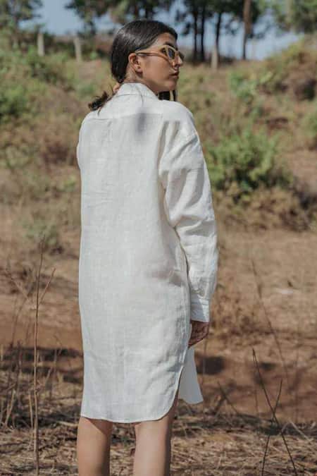 Shop Akashi Clothing White Linen Collared Panelled Shirt Dress at Aza Fashions Shop_Akashi Clothing_White Linen Collared Panelled Shirt Dress _at_Aza_Fashions