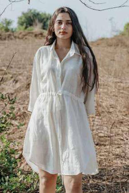 Akashi Clothing White Handloom Cotton Collared Linen Shirt Dress Online at Aza Fashions Akashi Clothing_White Handloom Cotton Collared Linen Shirt Dress _Online_at_Aza_Fashions