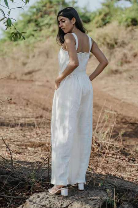 Shop_Akashi Clothing_White Handloom Linen Plain Square Neck Sleeveless Ruched Jumpsuit _at_Aza_Fashions