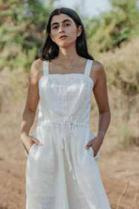 Akashi Clothing_White Handloom Linen Plain Square Neck Sleeveless Ruched Jumpsuit _Online_at_Aza_Fashions