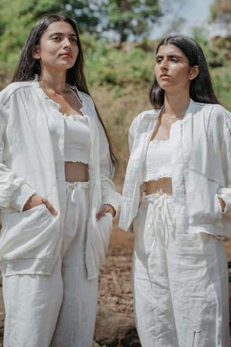 Shop Akashi Clothing White Handloom Cotton Lace High Neck Embellished Long Bomber Jacket at Aza Fashions Shop_Akashi Clothing_White Handloom Cotton Lace High Neck Embellished Long Bomber Jacket _at_Aza_Fashions