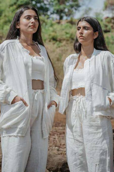 Shop Akashi Clothing White Handloom Cotton Lace High Neck Embellished Short Bomber Jacket at Aza Fashions Shop_Akashi Clothing_White Handloom Cotton Lace High Neck Embellished Short Bomber Jacket _at_Aza_Fashions