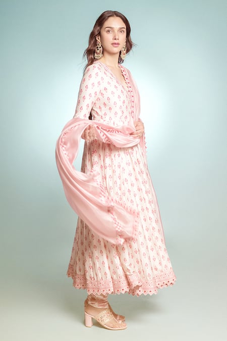Punit Balana Pink Chanderi Silk Printed Floral V The Pakeezah Prinr Angarkha Set at Aza Fashions Punit Balana_Pink Chanderi Silk Printed Floral V The Pakeezah Prinr Angarkha Set _at_Aza_Fashions