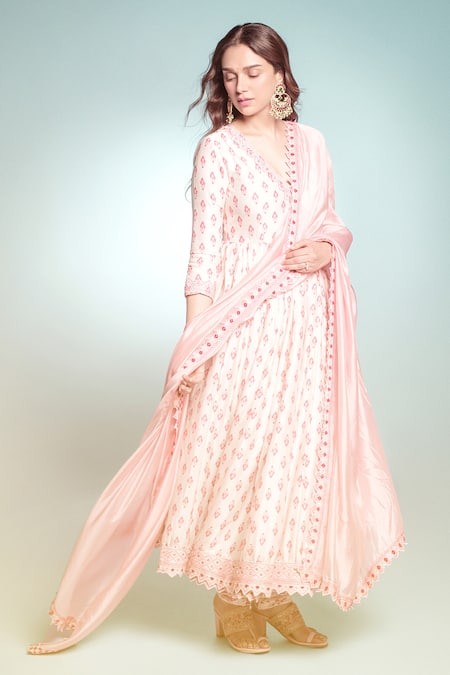 Buy Punit Balana Pink Chanderi Silk Printed Floral V The Pakeezah Prinr Angarkha Set Buy_Punit Balana_Pink Chanderi Silk Printed Floral V The Pakeezah Prinr Angarkha Set