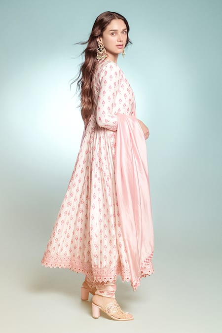 Shop Punit Balana Pink Chanderi Silk Printed Floral V The Pakeezah Prinr Angarkha Set Shop_Punit Balana_Pink Chanderi Silk Printed Floral V The Pakeezah Prinr Angarkha Set