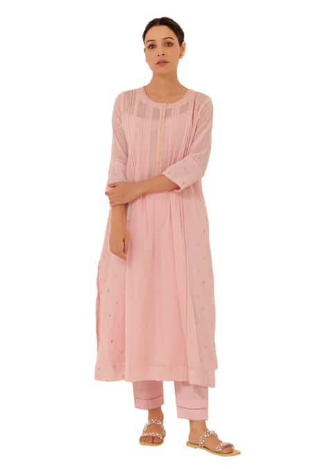 Buy Label Mansi Nagdev Pink Cotton, Muslin Pearls, Embroidery Round Neck Amelia Kurta And Pant Buy_Label Mansi Nagdev_Pink Cotton, Muslin Pearls, Embroidery Round Neck Amelia Kurta And Pant