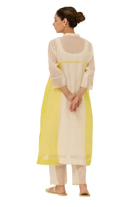 Shop_Label Mansi Nagdev_Ivory Chanderi, Cotton Embroidery Mandarin Collar Dove Panelled Kurta And Pant Set 