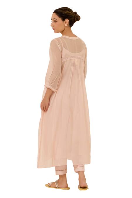 Shop Label Mansi Nagdev Pink Chanderi, Cotton Embroidery, Lace Round Roza Hand Yoke Kurta And Pant Set Shop_Label Mansi Nagdev_Pink Chanderi, Cotton Embroidery, Lace Round Roza Hand Yoke Kurta And Pant Set