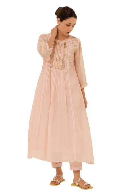 Buy Label Mansi Nagdev Pink Chanderi, Cotton Embroidery, Lace Round Roza Hand Yoke Kurta And Pant Set Buy_Label Mansi Nagdev_Pink Chanderi, Cotton Embroidery, Lace Round Roza Hand Yoke Kurta And Pant Set