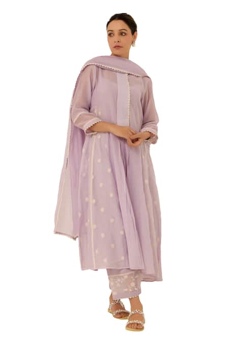 Shop Label Mansi Nagdev Purple Chanderi, Cotton Lace, Embroidery Round Neck Rosemary Kurta Pant Set Shop_Label Mansi Nagdev_Purple Chanderi, Cotton Lace, Embroidery Round Neck Rosemary Kurta Pant Set