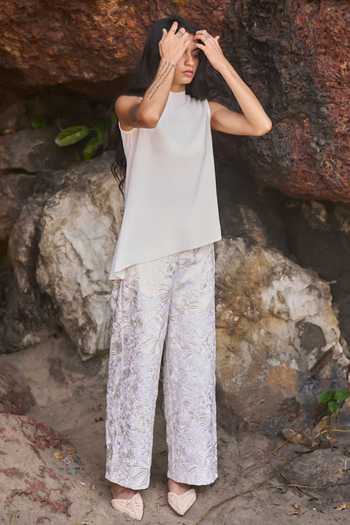 Dash And Dot_Ivory Cotton, Polyester Embroidery Gara Stitchline Wide Legged Pant _Online_at_Aza_Fashions