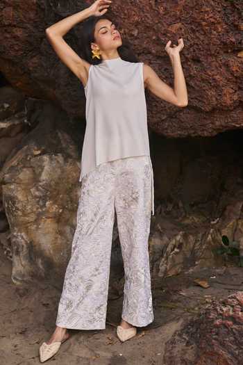Buy_Dash And Dot_Ivory Cotton, Polyester Embroidery Gara Stitchline Wide Legged Pant _Online_at_Aza_Fashions