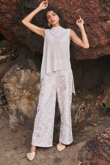 Shop_Dash And Dot_Ivory Cotton, Polyester Embroidery Gara Stitchline Wide Legged Pant _Online_at_Aza_Fashions