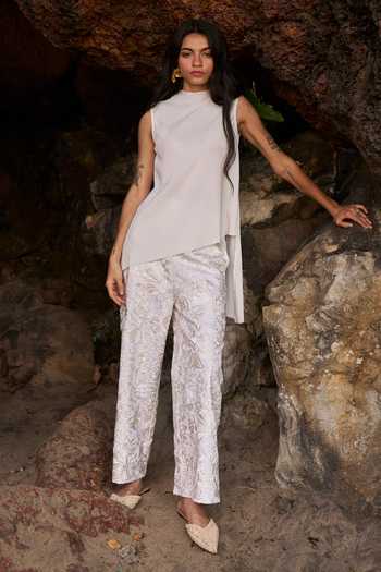 Dash And Dot_Ivory Cotton, Polyester Embroidery Gara Stitchline Wide Legged Pant _at_Aza_Fashions