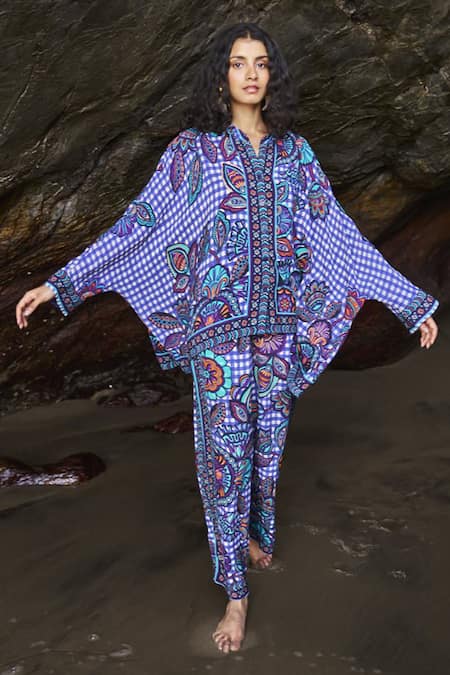 Buy_Dash And Dot_Multi Color Viscose Embroidery V-neck Checkered Print Boxy Shirt And Pant Set _Online_at_Aza_Fashions