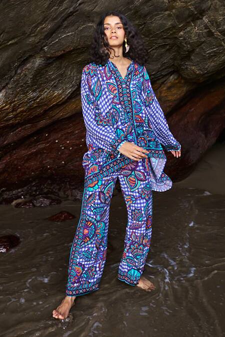 Shop_Dash And Dot_Multi Color Viscose Embroidery V-neck Checkered Print Boxy Shirt And Pant Set _Online_at_Aza_Fashions