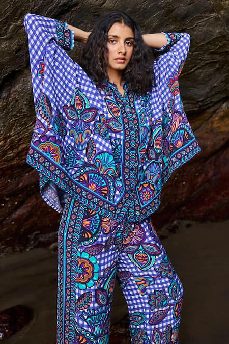 Dash And Dot_Multi Color Viscose Embroidery V-neck Checkered Print Boxy Shirt And Pant Set _at_Aza_Fashions