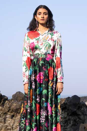 Dash And Dot_Multi Color Polyester Collared Floral Print Shirt And Skirt Set _Online_at_Aza_Fashions