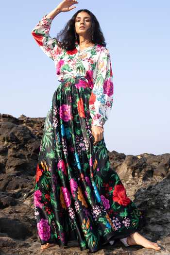 Buy_Dash And Dot_Multi Color Polyester Collared Floral Print Shirt And Skirt Set 