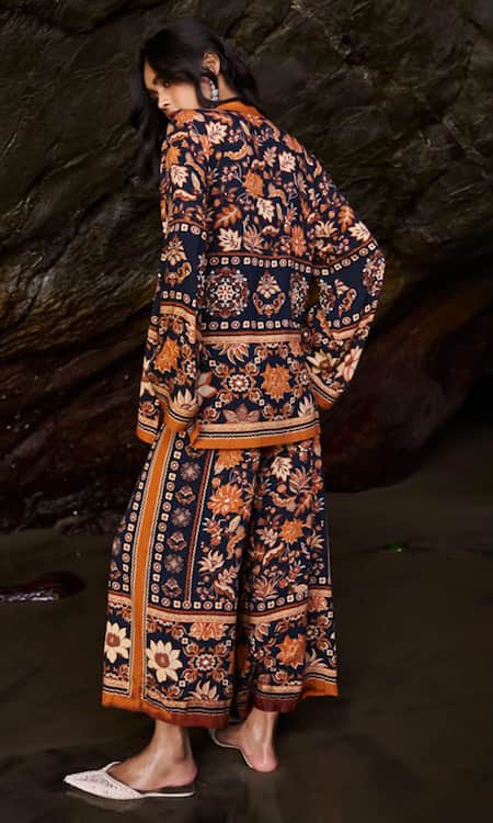 Shop Dash And Dot Black Viscose Embroidery Bandeau Neck Earth Toned Printed Top And Pant Set at Aza Fashions Shop_Dash And Dot_Black Viscose Embroidery Bandeau Neck Earth Toned Printed Top And Pant Set _at_Aza_Fashions