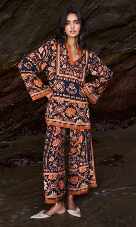 Dash And Dot Black Viscose Embroidery Bandeau Neck Earth Toned Printed Top And Pant Set Online at Aza Fashions Dash And Dot_Black Viscose Embroidery Bandeau Neck Earth Toned Printed Top And Pant Set _Online_at_Aza_Fashions