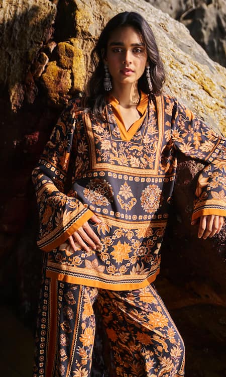 Buy Dash And Dot Black Viscose Embroidery Bandeau Neck Earth Toned Printed Top And Pant Set Buy_Dash And Dot_Black Viscose Embroidery Bandeau Neck Earth Toned Printed Top And Pant Set