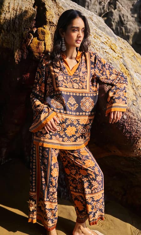 Shop Dash And Dot Black Viscose Embroidery Bandeau Neck Earth Toned Printed Top And Pant Set Shop_Dash And Dot_Black Viscose Embroidery Bandeau Neck Earth Toned Printed Top And Pant Set