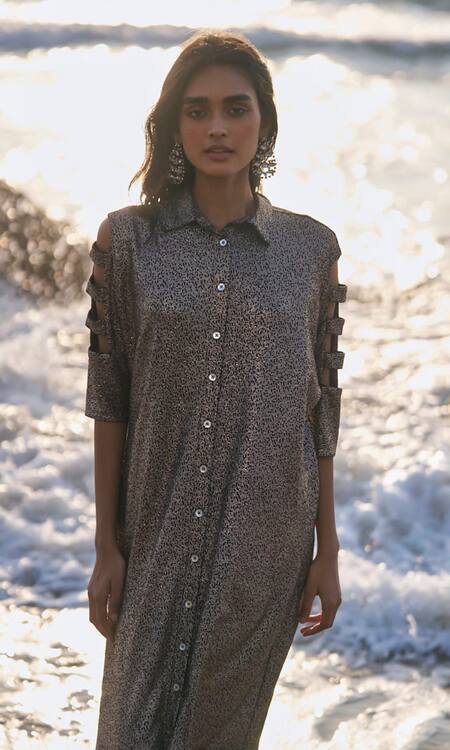 Dash And Dot_Brown Polyester Glitter Collared Shimmering Cutout Sleeve Shirt Dress _Online_at_Aza_Fashions