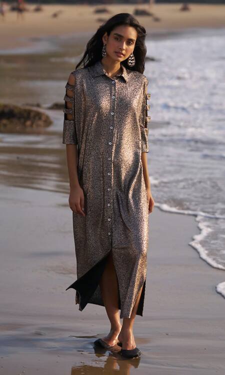 Buy_Dash And Dot_Brown Polyester Glitter Collared Shimmering Cutout Sleeve Shirt Dress _Online_at_Aza_Fashions