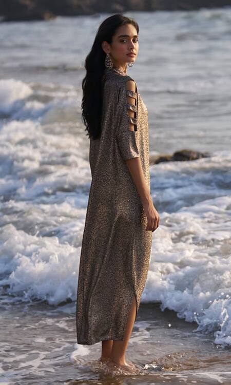 Buy_Dash And Dot_Brown Polyester Glitter Collared Shimmering Cutout Sleeve Shirt Dress 