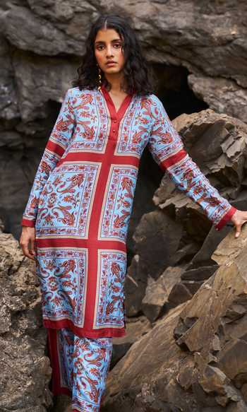 Dash And Dot_Multi Color Tencel Embroidery Paisley Print Longline Shirt Kurta And Pant Set _Online_at_Aza_Fashions