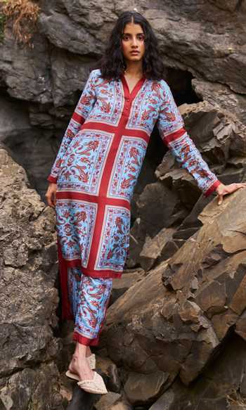 Buy_Dash And Dot_Multi Color Tencel Embroidery Paisley Print Longline Shirt Kurta And Pant Set _Online_at_Aza_Fashions