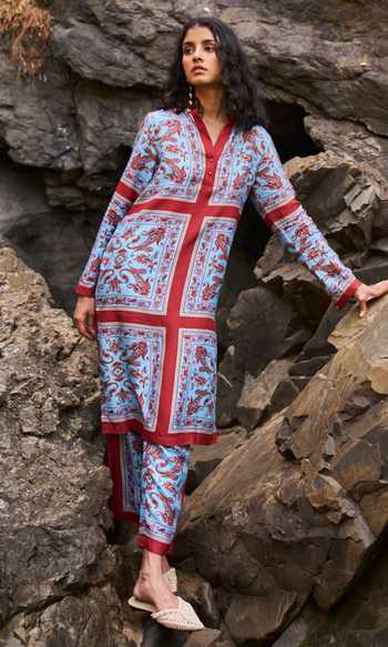 Shop_Dash And Dot_Multi Color Tencel Embroidery Paisley Print Longline Shirt Kurta And Pant Set _Online_at_Aza_Fashions