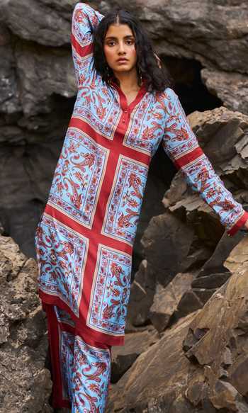 Dash And Dot_Multi Color Tencel Embroidery Paisley Print Longline Shirt Kurta And Pant Set _at_Aza_Fashions